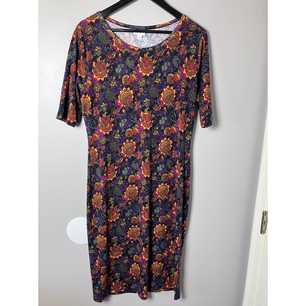 LuLaRoe Julia Dress XL Floral Paisley Print Half Sleeve Sheath Midi Purple Multi